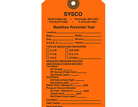 Sysco Backflow Prevention Tag