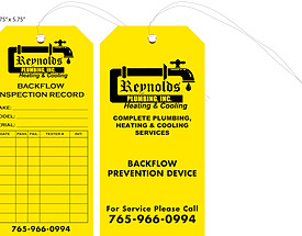 Reynolds Plumbing Custom Backflow Inspection Tag